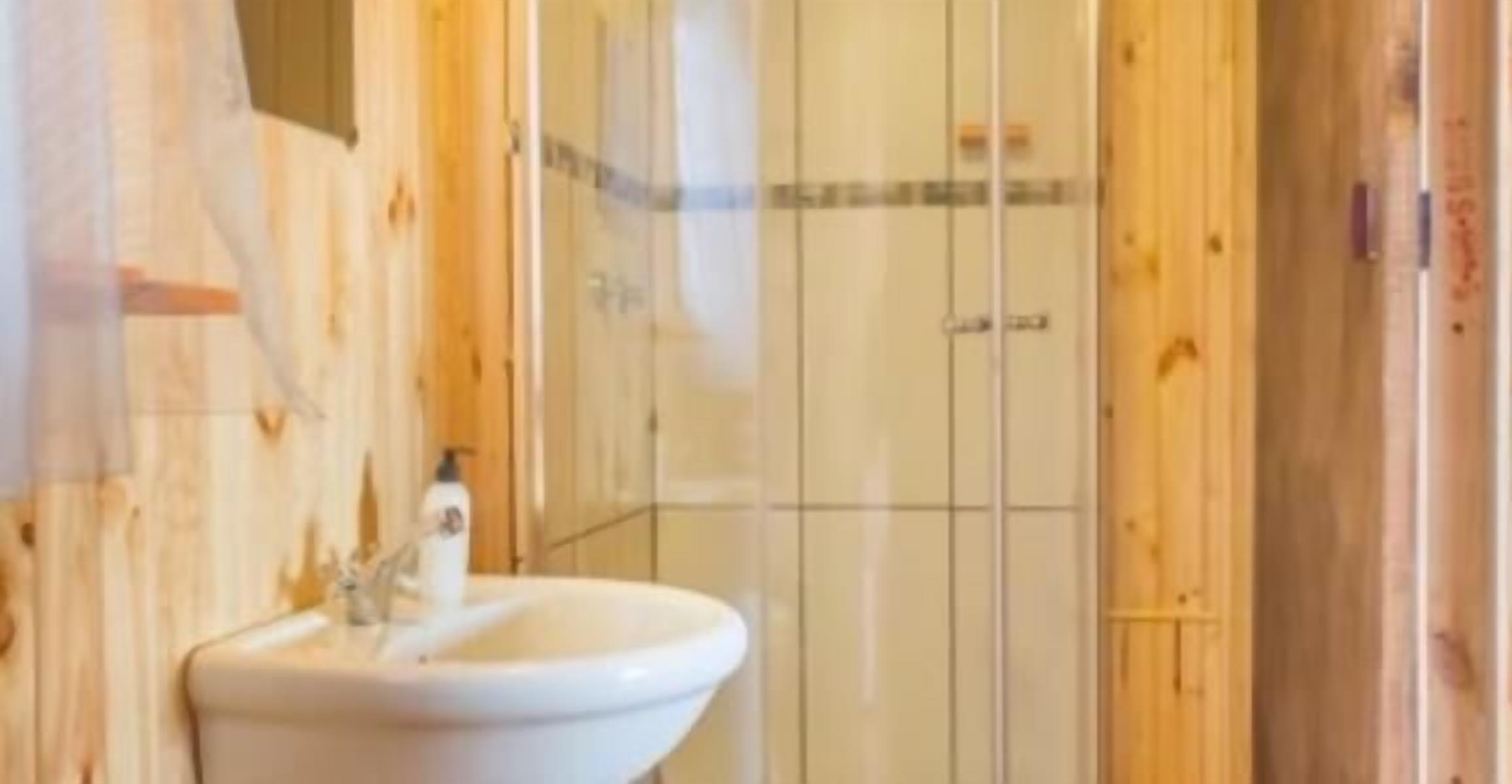Une salle de bain avec un mur en bois, un lavabo et un espace douche.