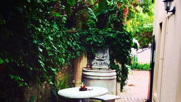 A narrow brick pathway with a stone bench and table, surrounded by lush greenery and a stone sculpture. - Magnolia Place Guest House (Stellenbosch)