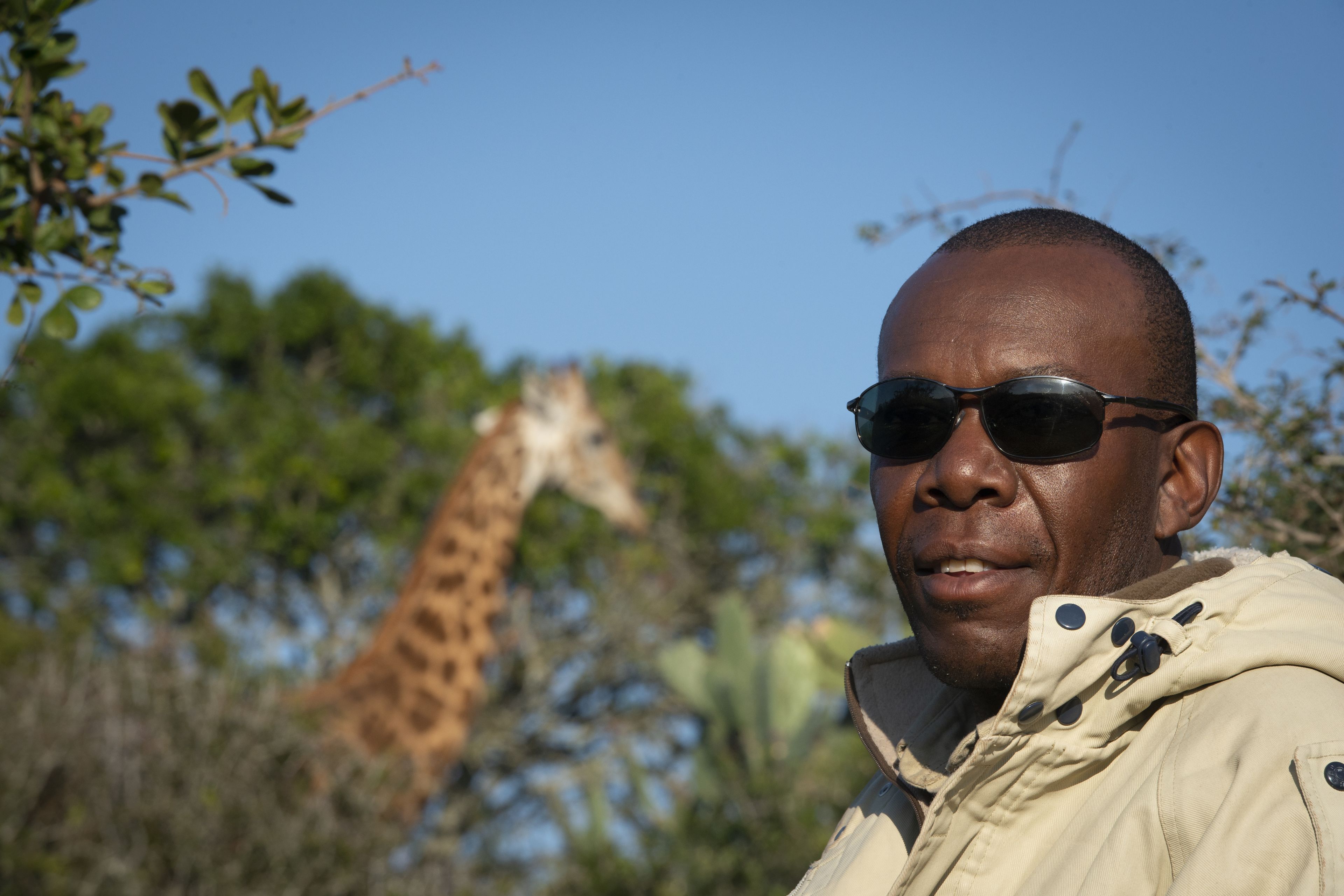 Ein Mann in einer beigen Jacke, im Hintergrund eine Giraffe.