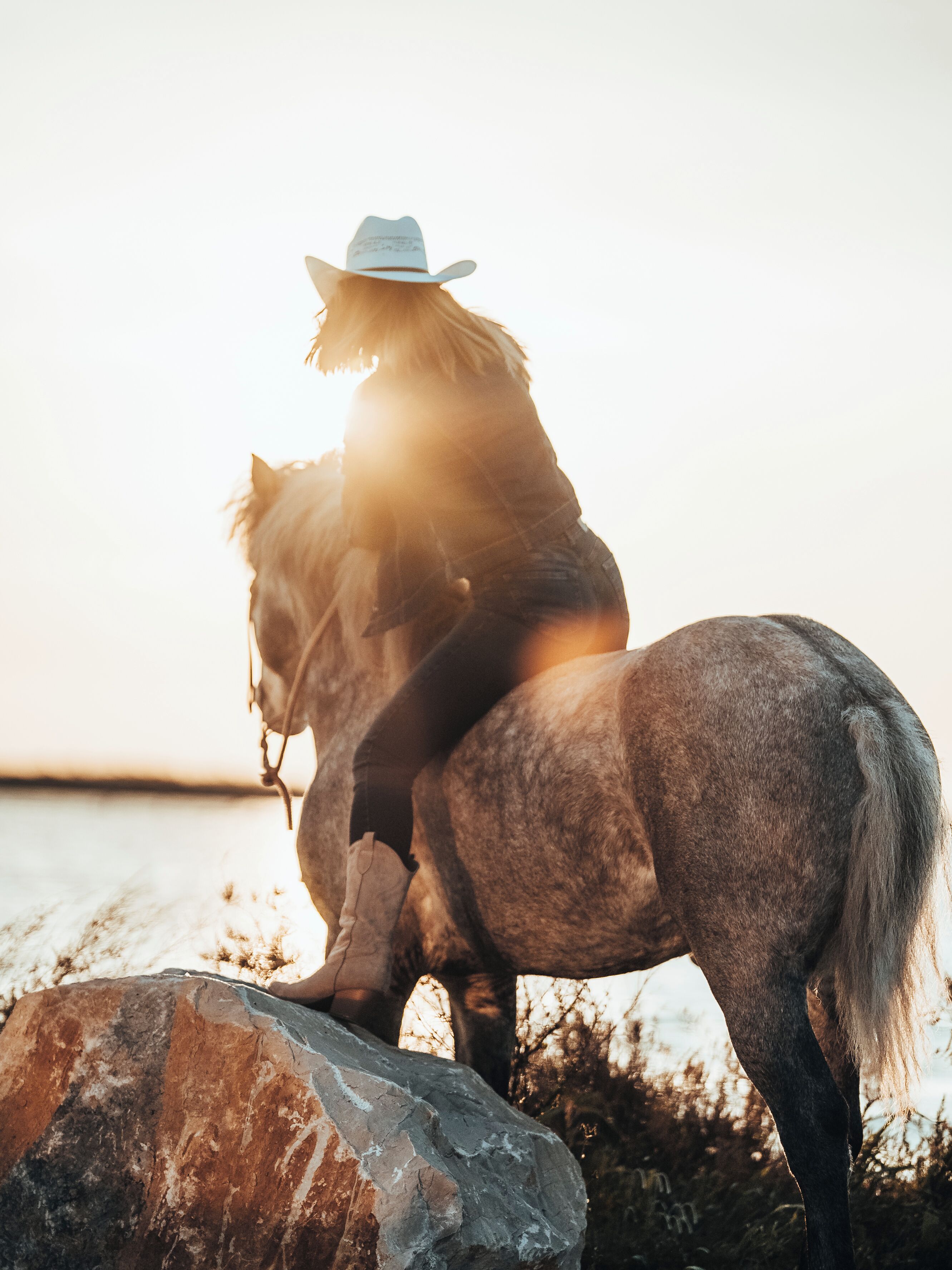 A person riding a horse near a body of water during sunset.