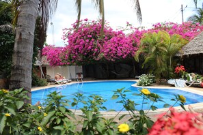 A swimming pool surrounded by lush greenery and pink flowers. - Langi Langi Beach Bungalows (Nungwi)