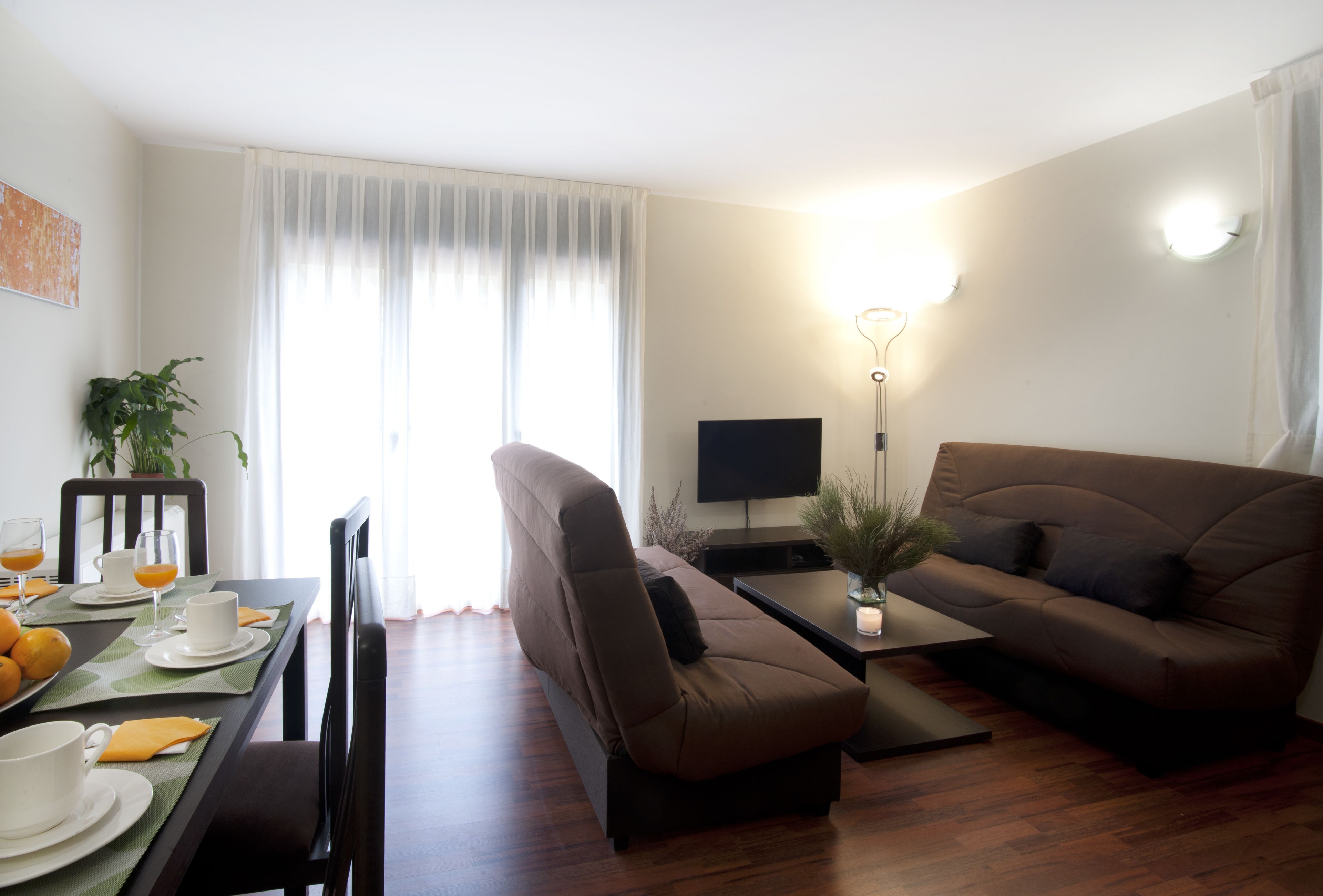 A modern living room with a sofa, a dining table set with plates, glasses, and a plant.