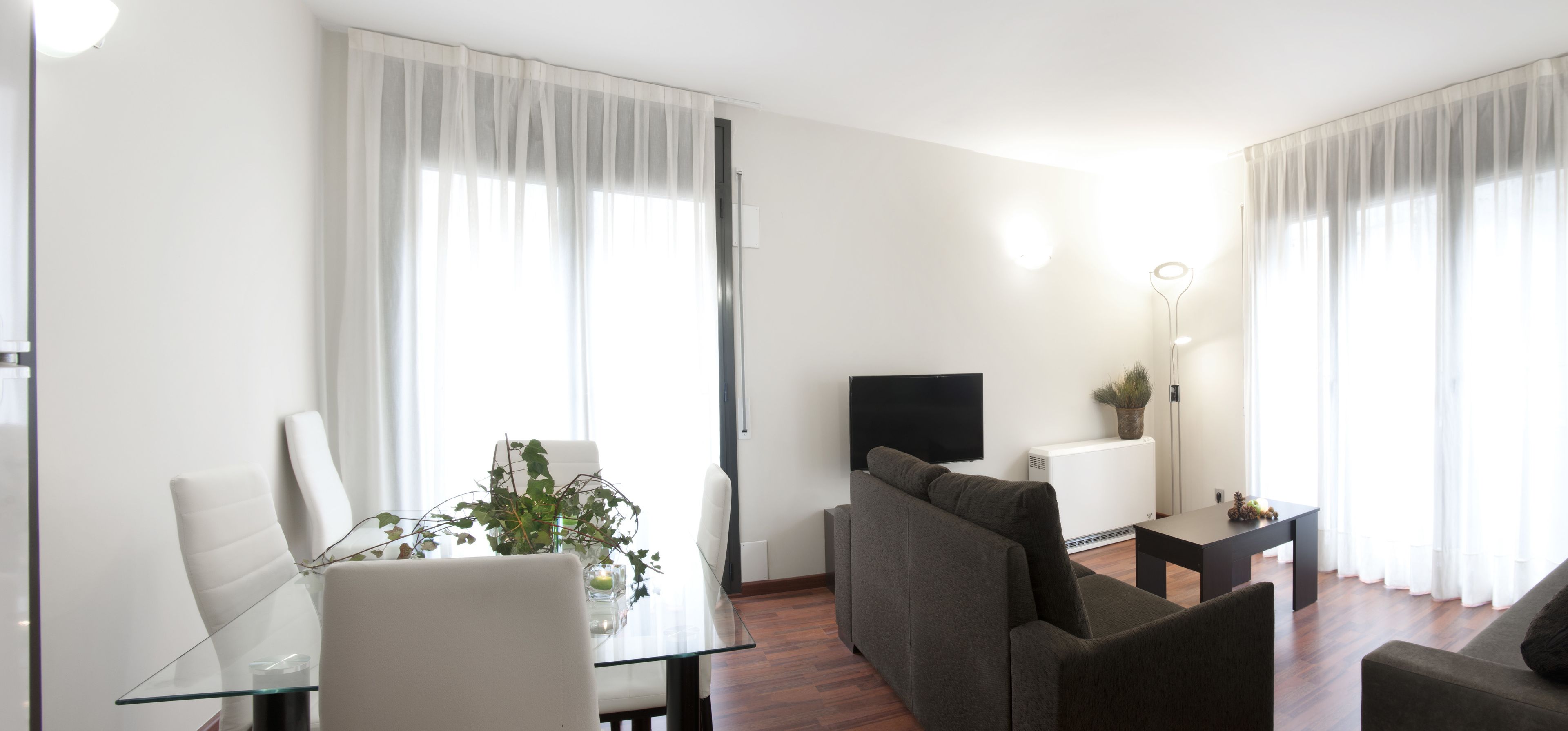 Un salon moderne avec une table à manger en verre, des chaises blanches, un canapé foncé, un téléviseur et une petite table d’appoint agrémentée d’une plante.