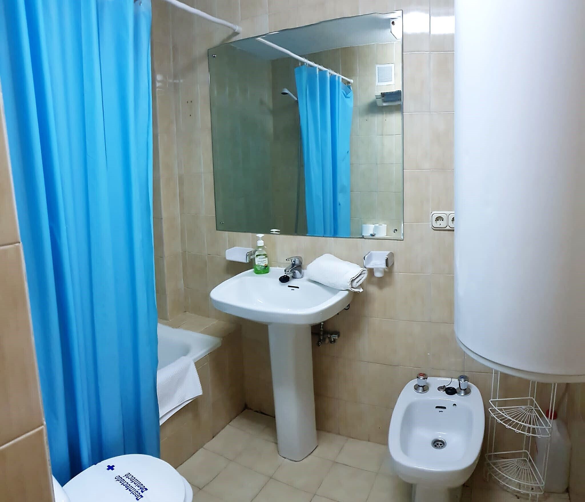 Un baño con lavabo, espejo, cortina de ducha, inodoro y bidé.