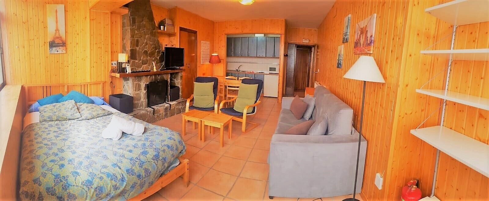 A cozy room with a bed, a sofa, a dining table, and a kitchen area.