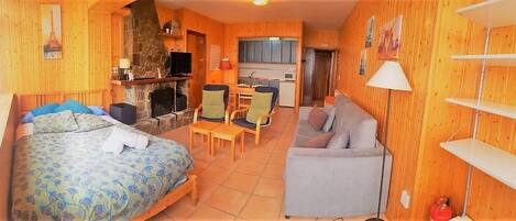 A cozy room with a bed, a sofa, a dining table, and a kitchen area.