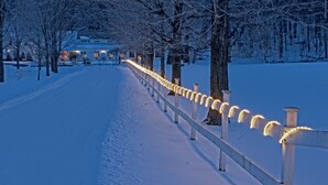 A snow-covered pathway lined with lighted railings leading to a building.