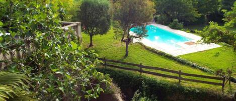 A pool surrounded by a well-maintained lawn and trees, with a wooden fence in the foreground.