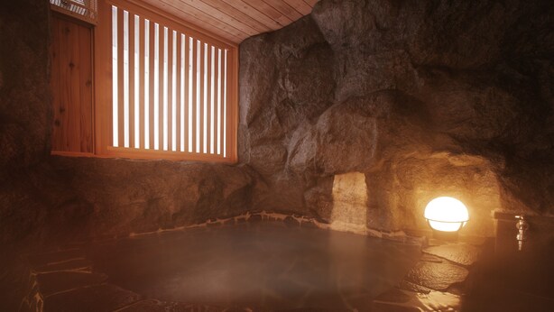 Una habitación con paredes de piedra, una ventana de madera y un banco de piedra.