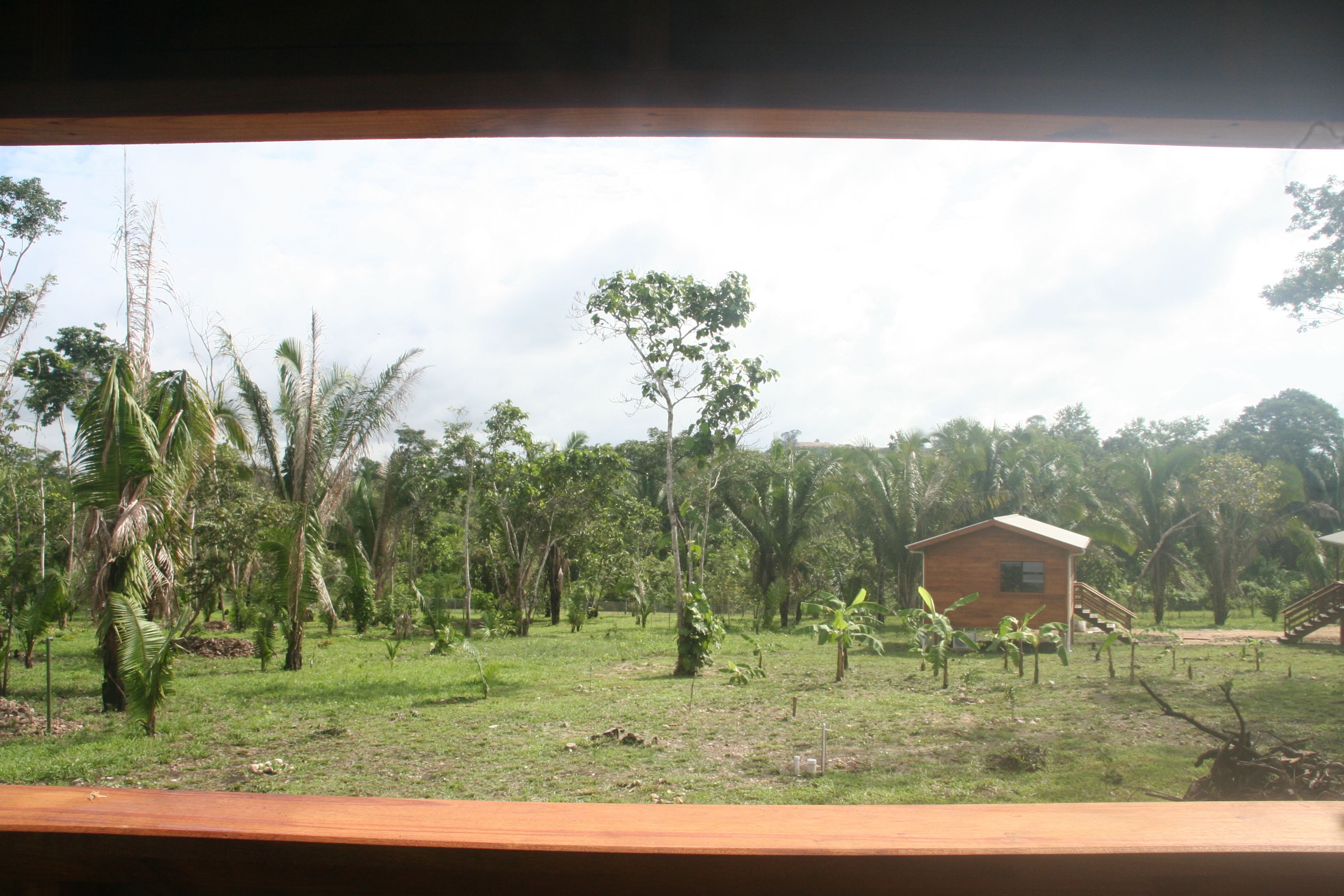 A wooden structure with a small brick building in a lush, green landscape.
