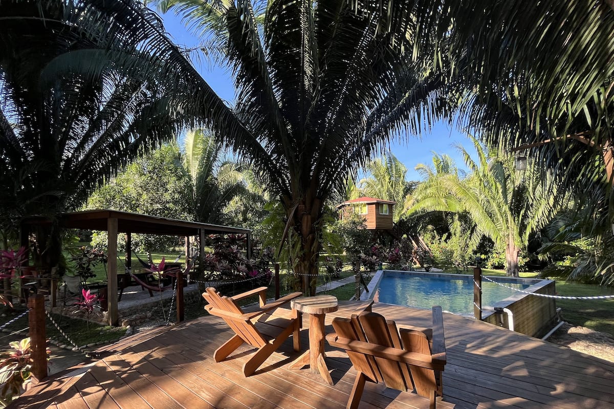 A wooden deck with a pool, surrounded by lush greenery and palm trees.