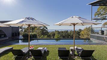 Outdoor pool, pool umbrellas, pool loungers