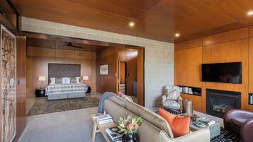 Una habitación de hotel moderna con una cama grande, un sofá, una chimenea y un televisor.