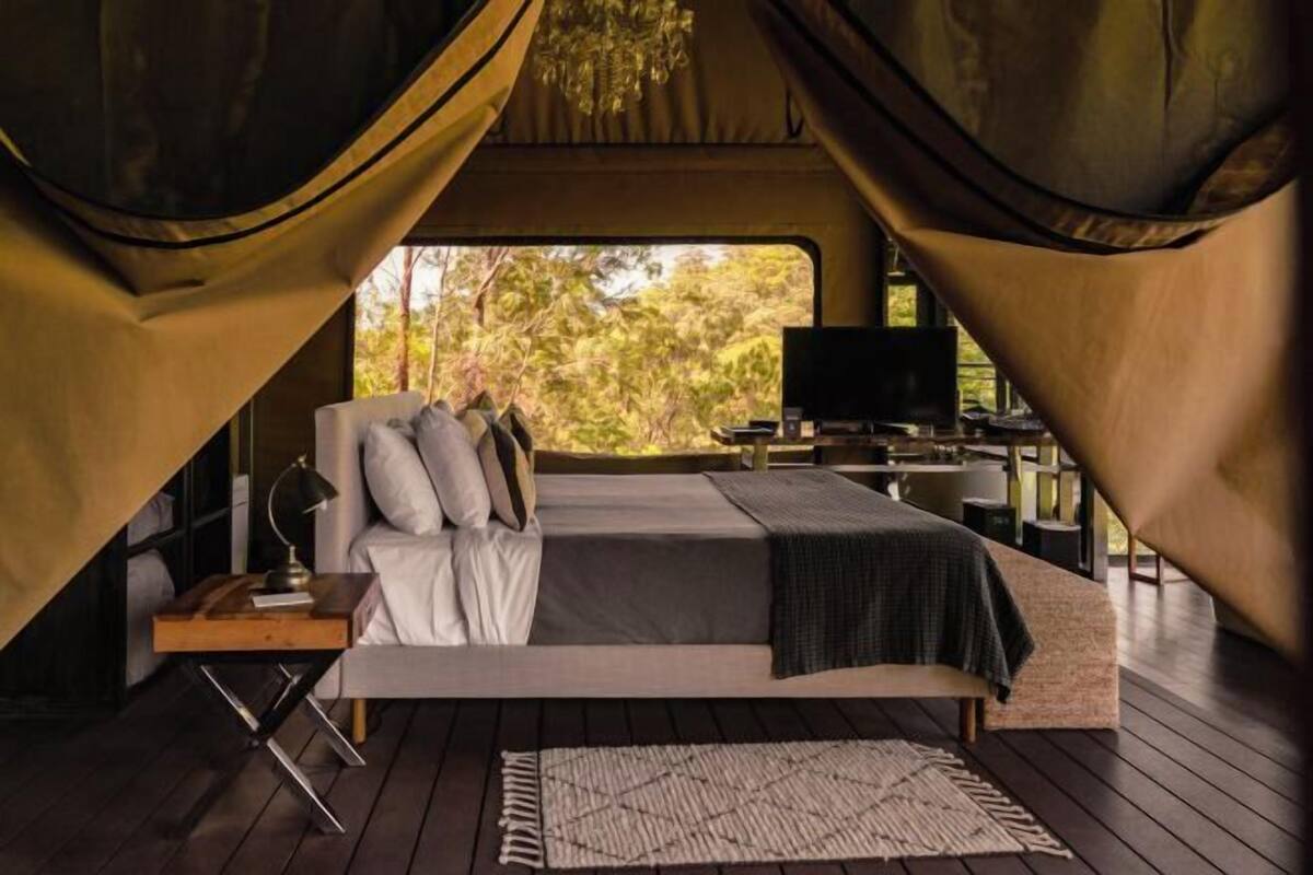 Une chambre à coucher avec un lit, un bureau, une télévision et une vue sur les arbres.