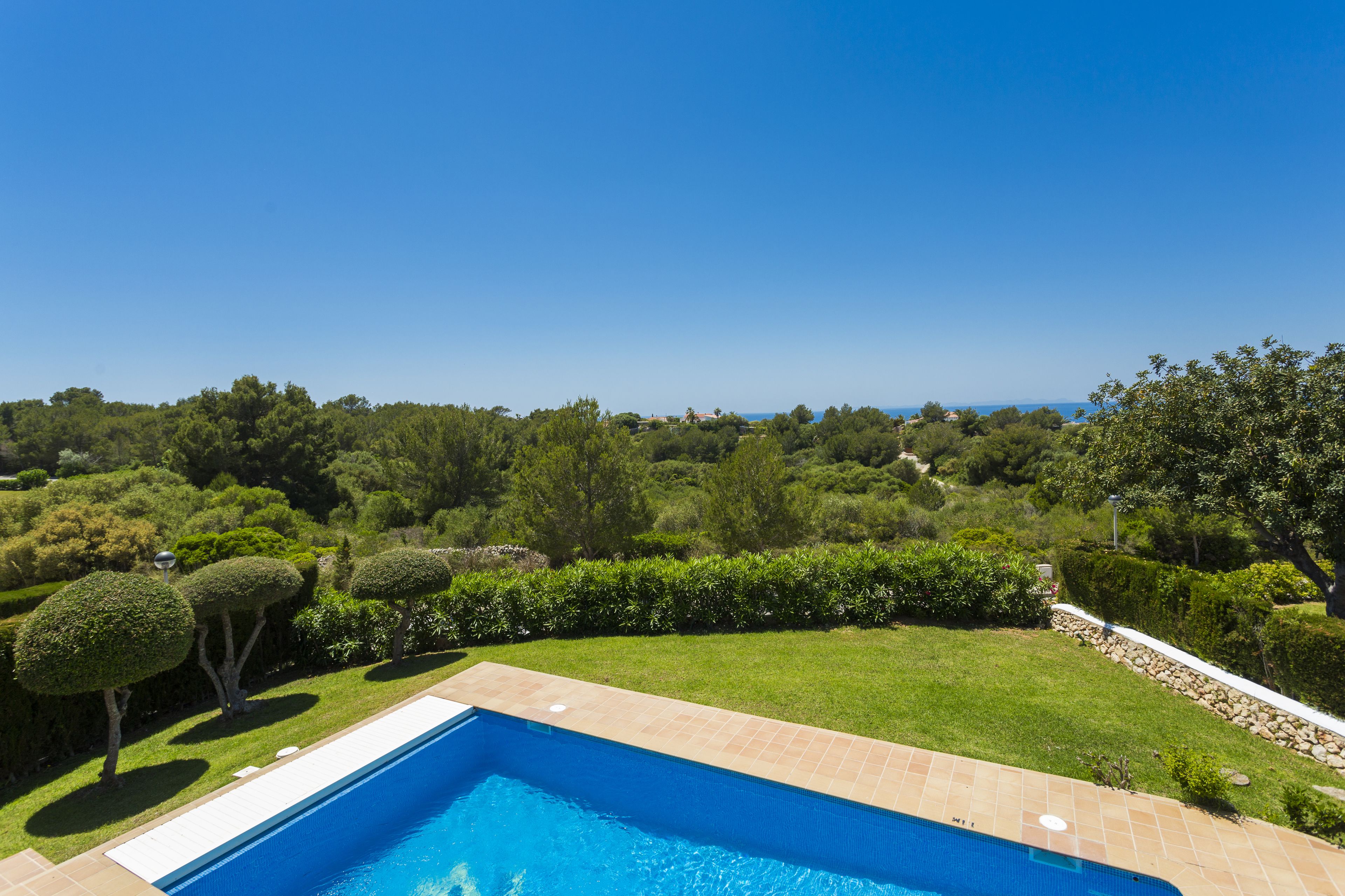 A swimming pool with a clear view of the surrounding landscape, including neatly trimmed hedges and trees.