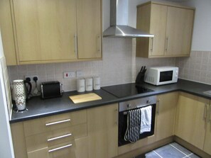 Apartamento, 1 habitación (No 4) | Cocina privada | Frigorífico grande, microondas, horno y placa de cocina