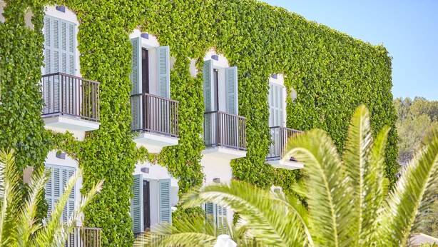 Un edificio con balcones cubiertos de follaje verde, paredes blancas y contraventanas azules.