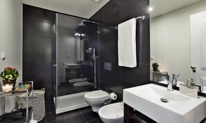 Douche, articles de toilette (gratuits), séchoir à cheveux, bidet