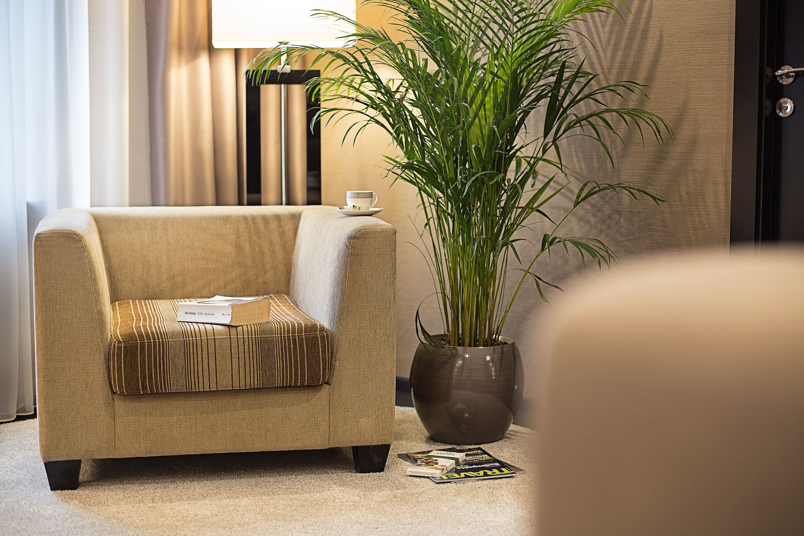 Een beige fauteuil met een gestreept kussen, een potplant en een tijdschrift op de vloer.