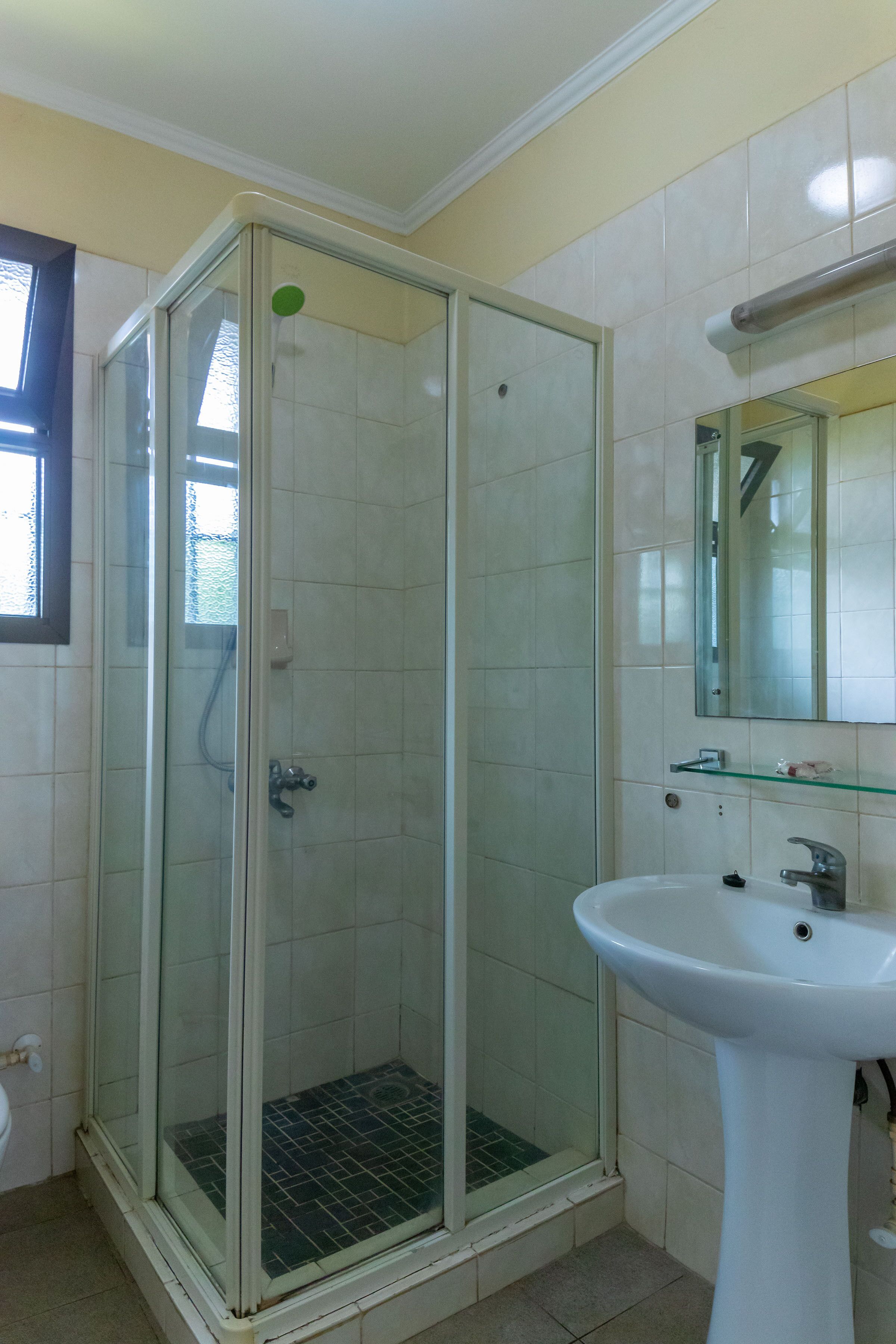 A bathroom with a glass-enclosed shower, a white sink, and a mirror above the sink.