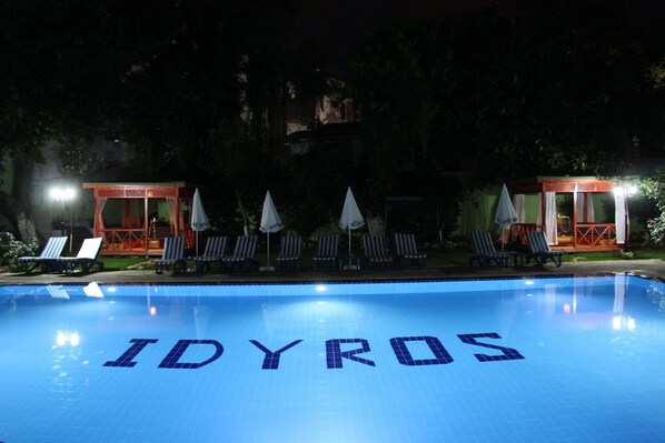 Outdoor pool, pool umbrellas, pool loungers