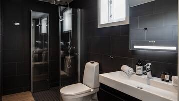 Ein modernes Badezimmer mit einer Duschkabine, einer weißen Toilette und einem Waschbecken mit Spiegel.