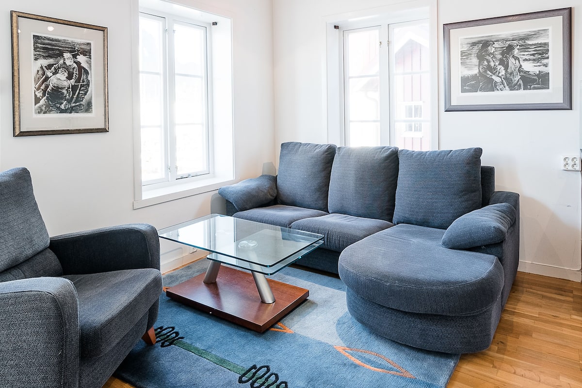 Un salon moderne avec un canapé gris, une table basse en verre et un tapis bleu. Il y a deux fenêtres à cadres blancs, et des œuvres d’art sont accrochées aux murs.
