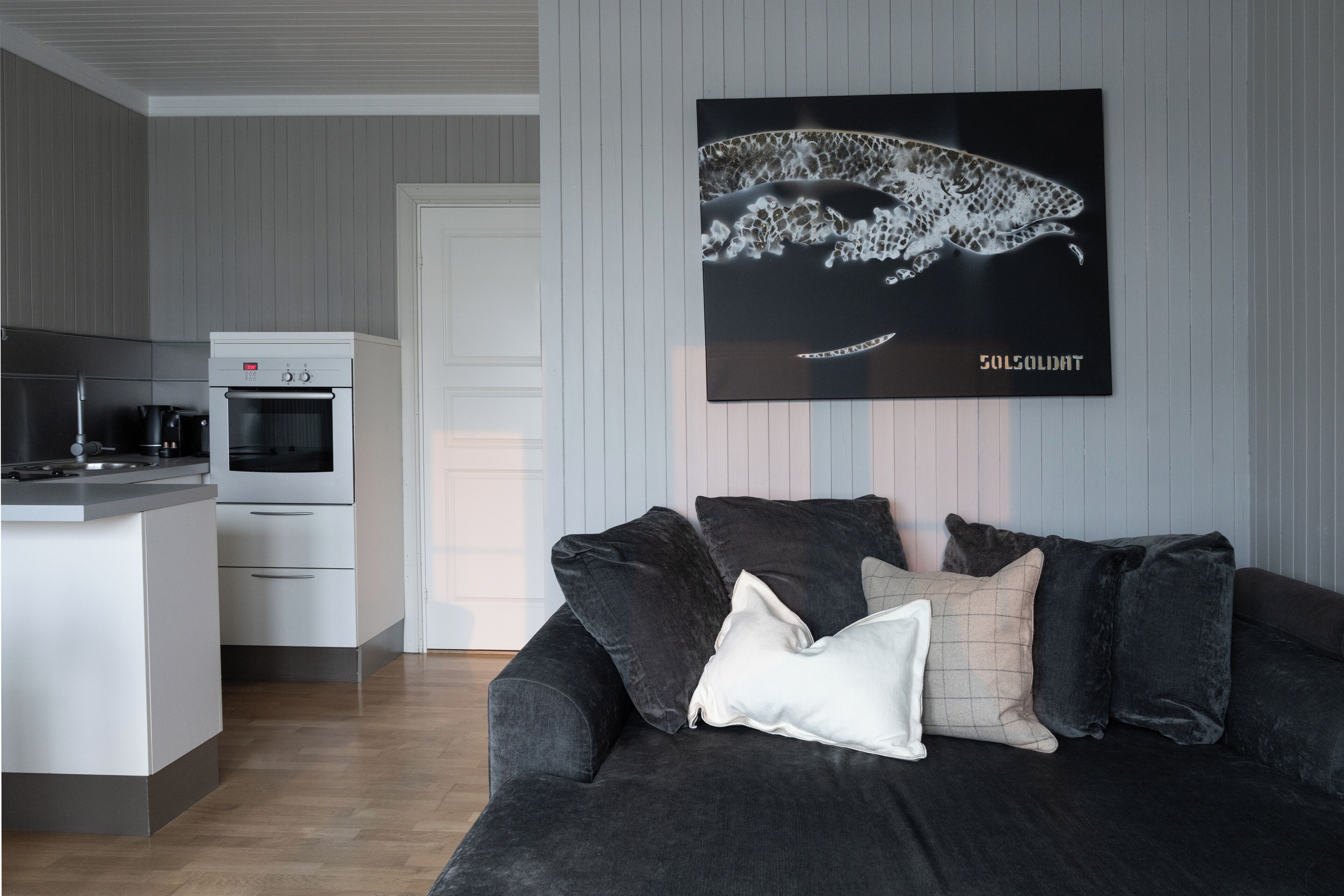 A modern kitchen with a built-in oven and a coffee machine, a dark grey sofa with multiple cushions, and a large framed artwork on the wall.
