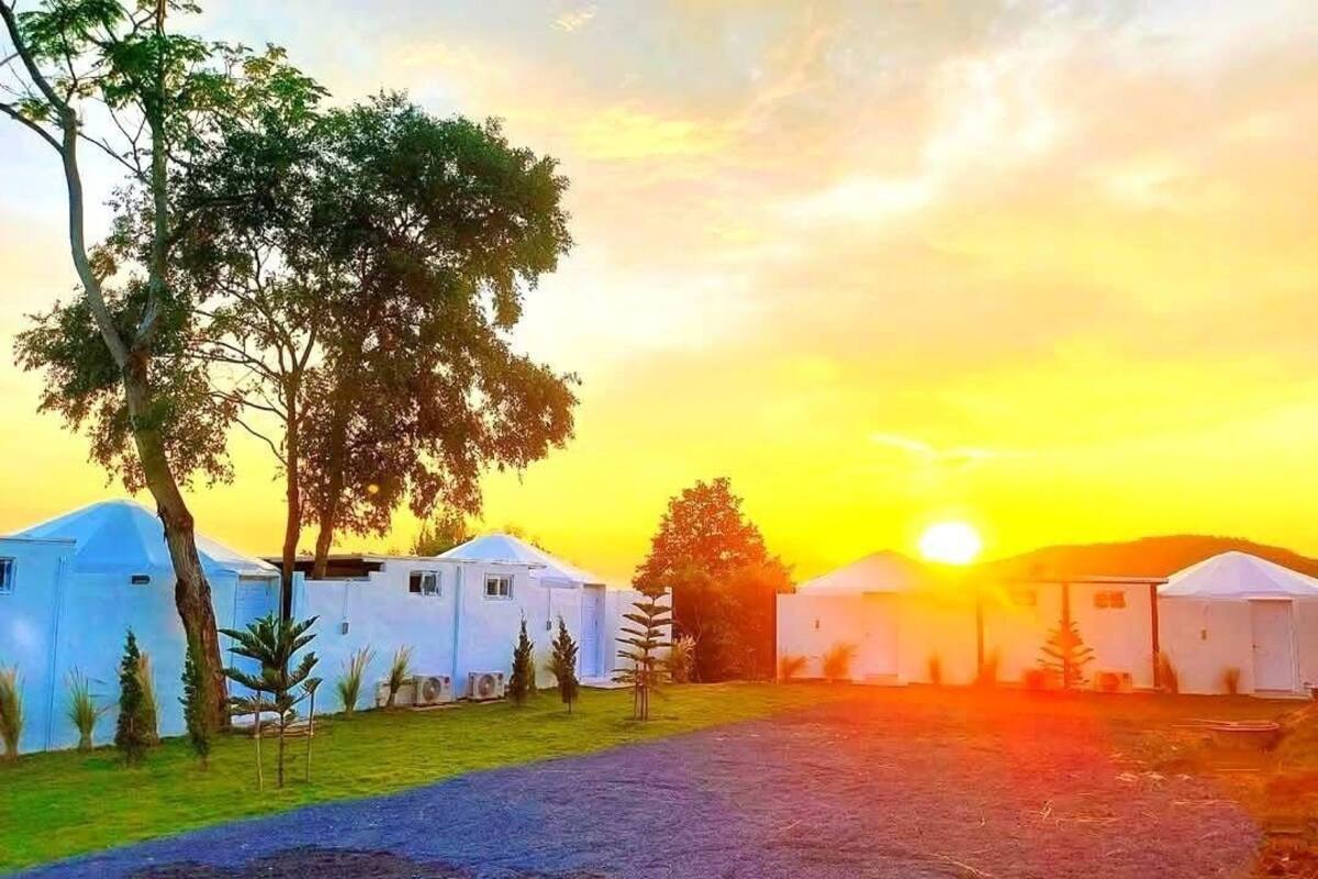 A row of white tents with a grassy area in front, under a sunset sky.