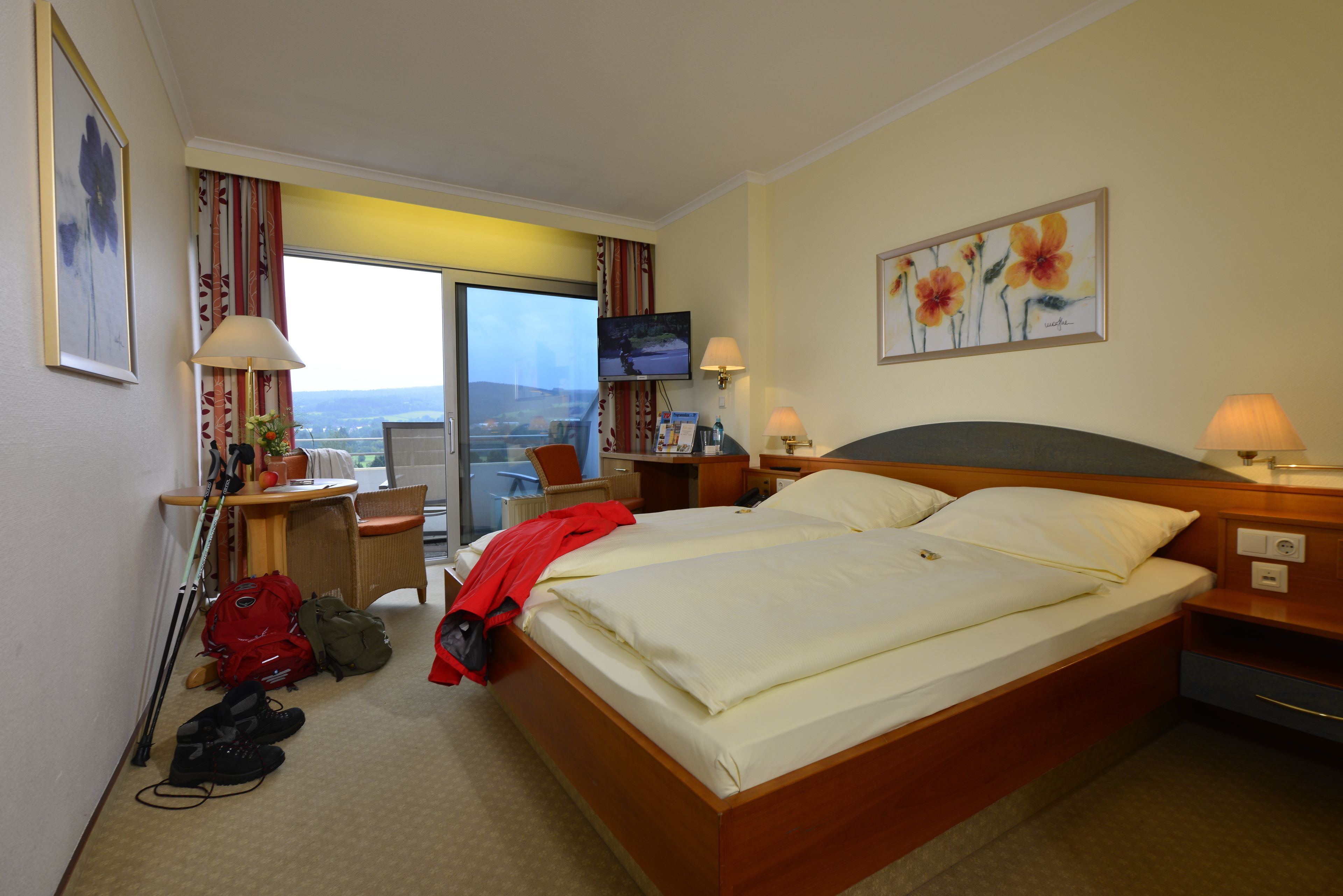 A hotel room with a bed, a desk, a chair, a TV, and a window with a view.