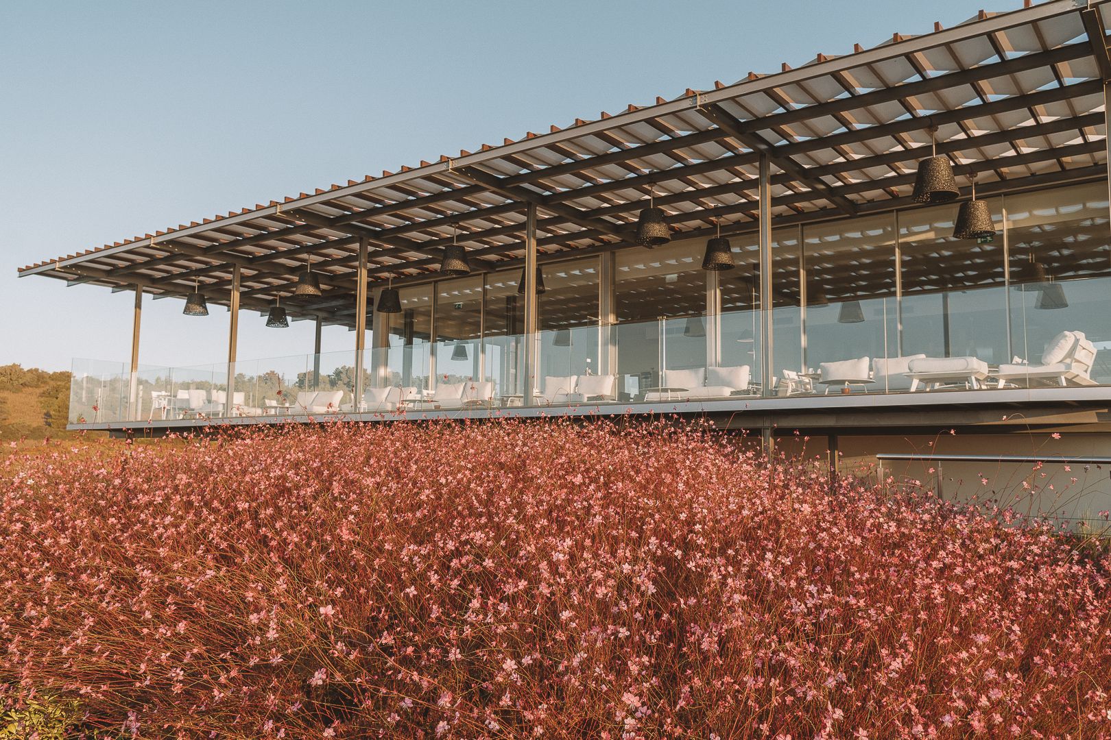 Un edificio moderno con fachada de vidrio y zona de estar al aire libre.