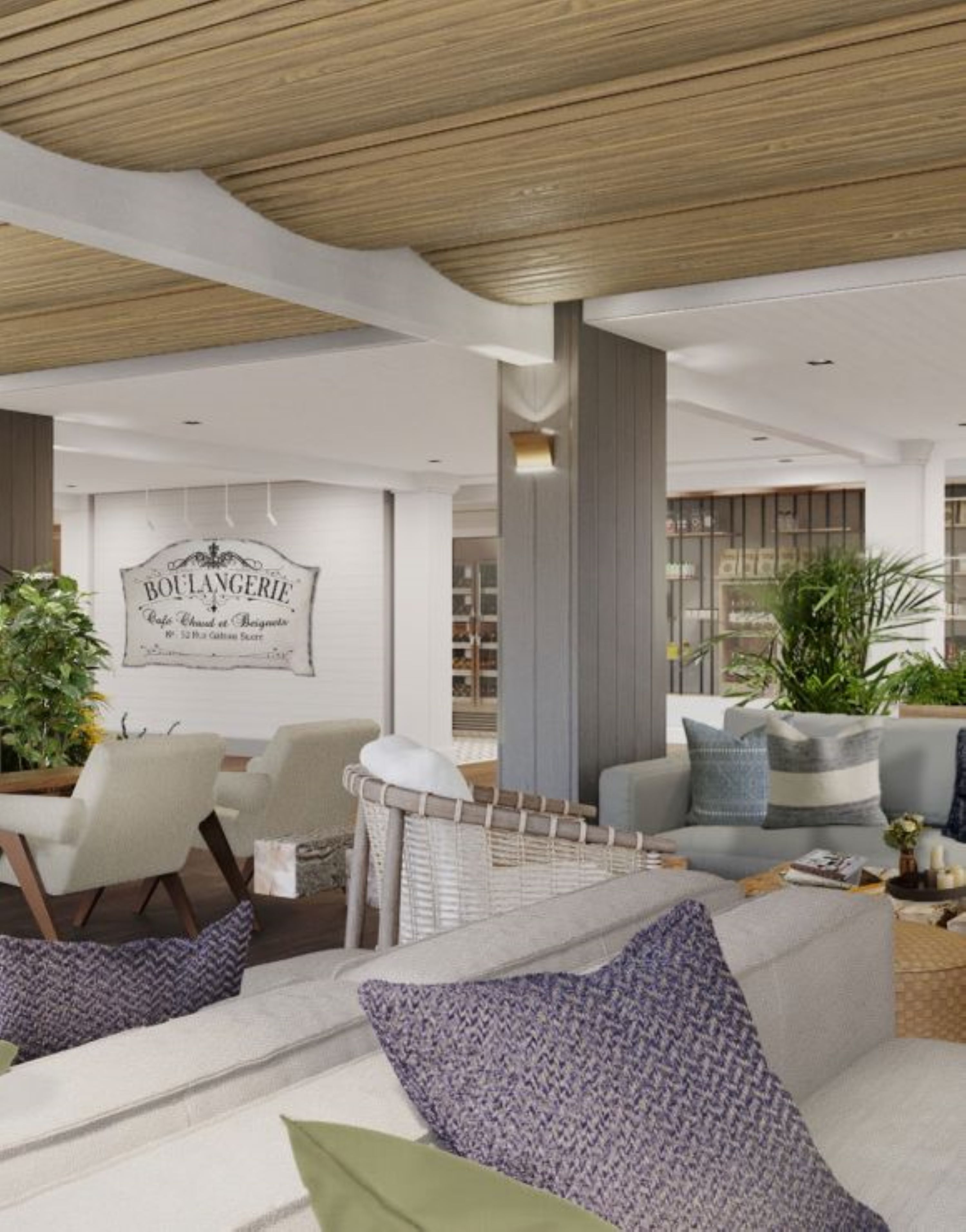 A modern interior with a wooden ceiling, a sign reading "BOULANGERIE," and a seating area with a sofa and chairs.