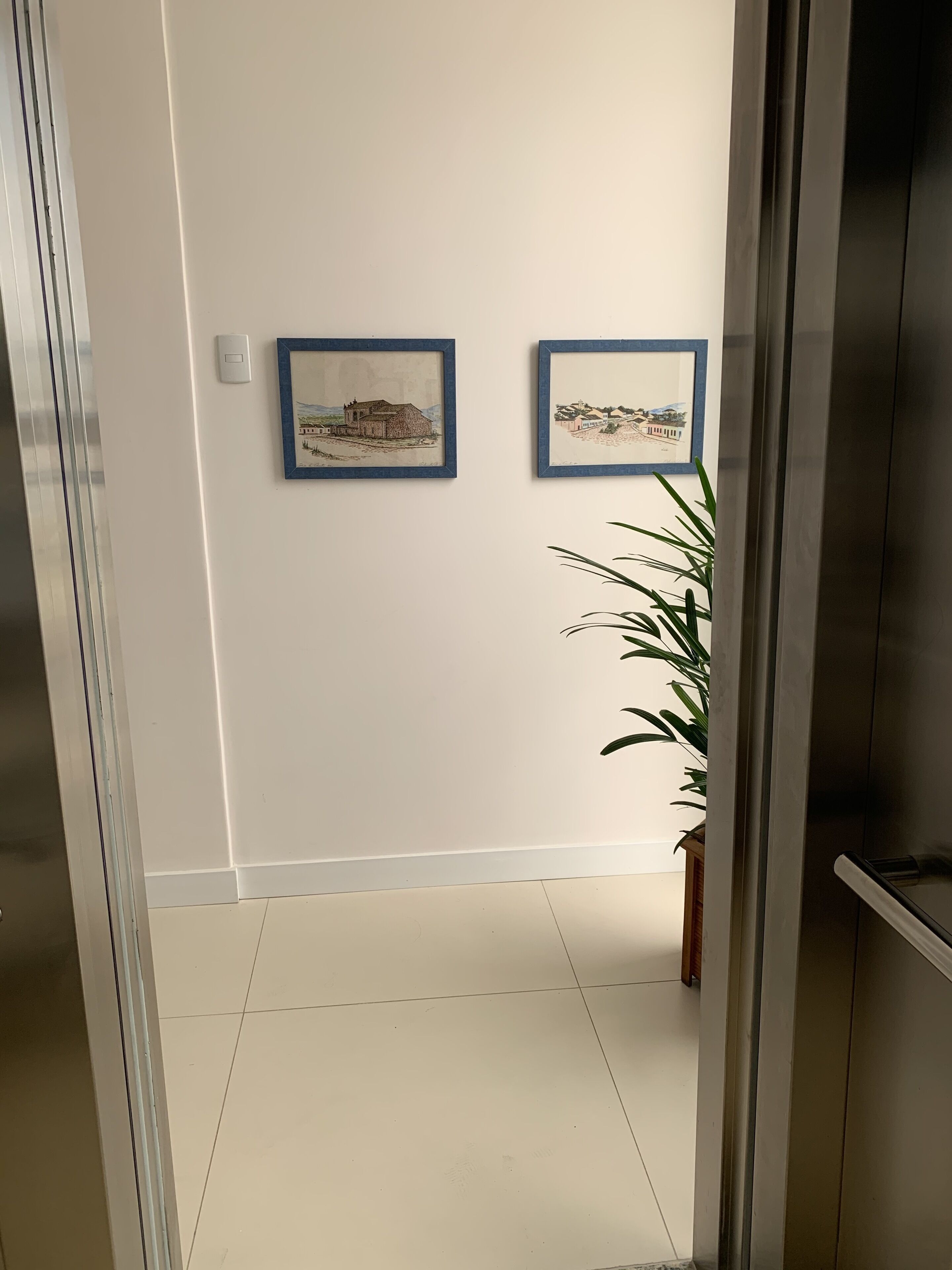A hallway with two framed pictures on the wall, a potted plant, and a door leading to a room.