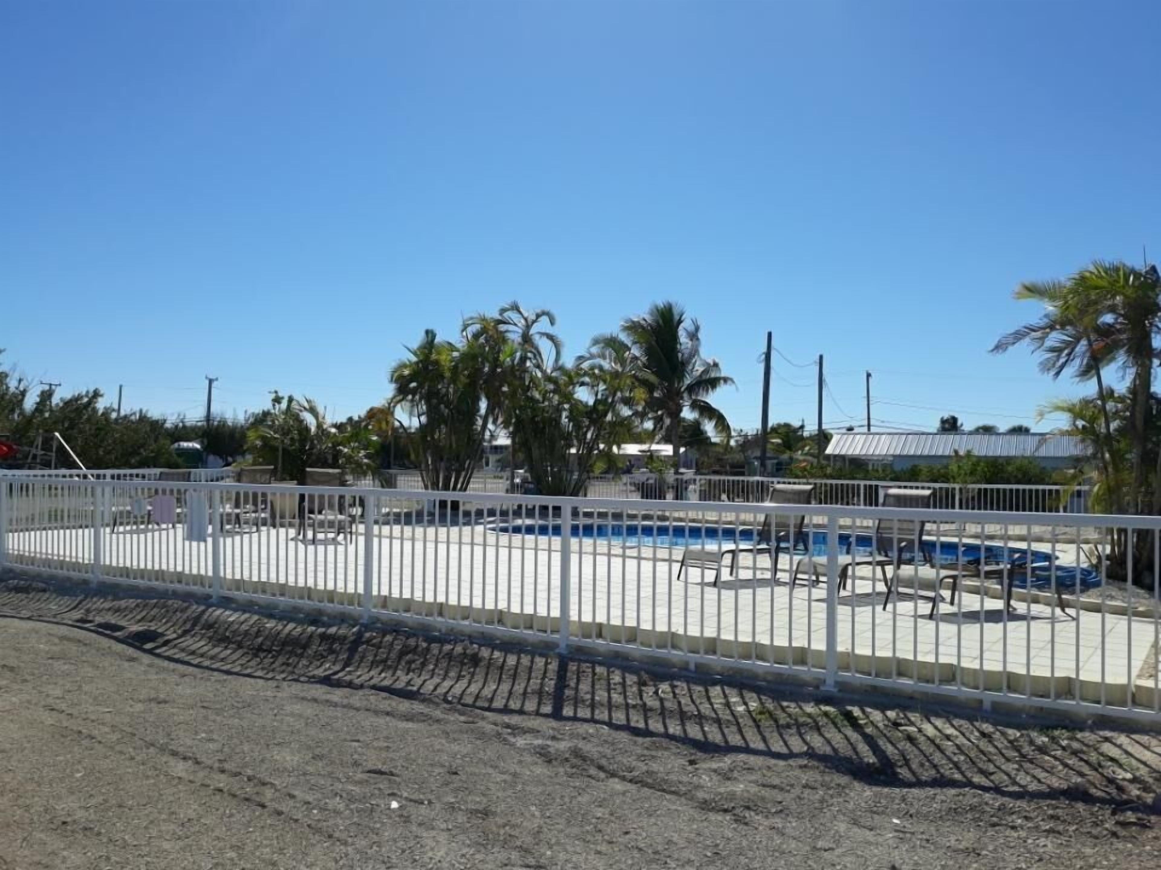 Zona de piscina exterior con valla, palmeras y cielo azul despejado.