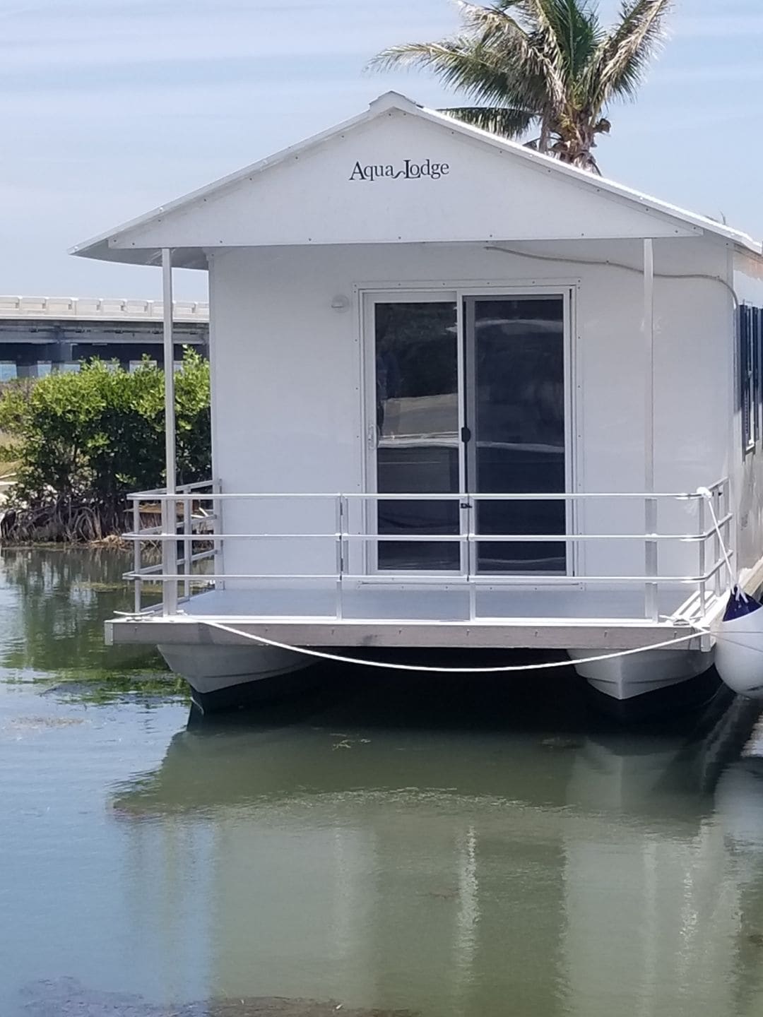 A white boat with the name "Aqua Lodge" on its side, docked in calm water with a palm tree in the background.