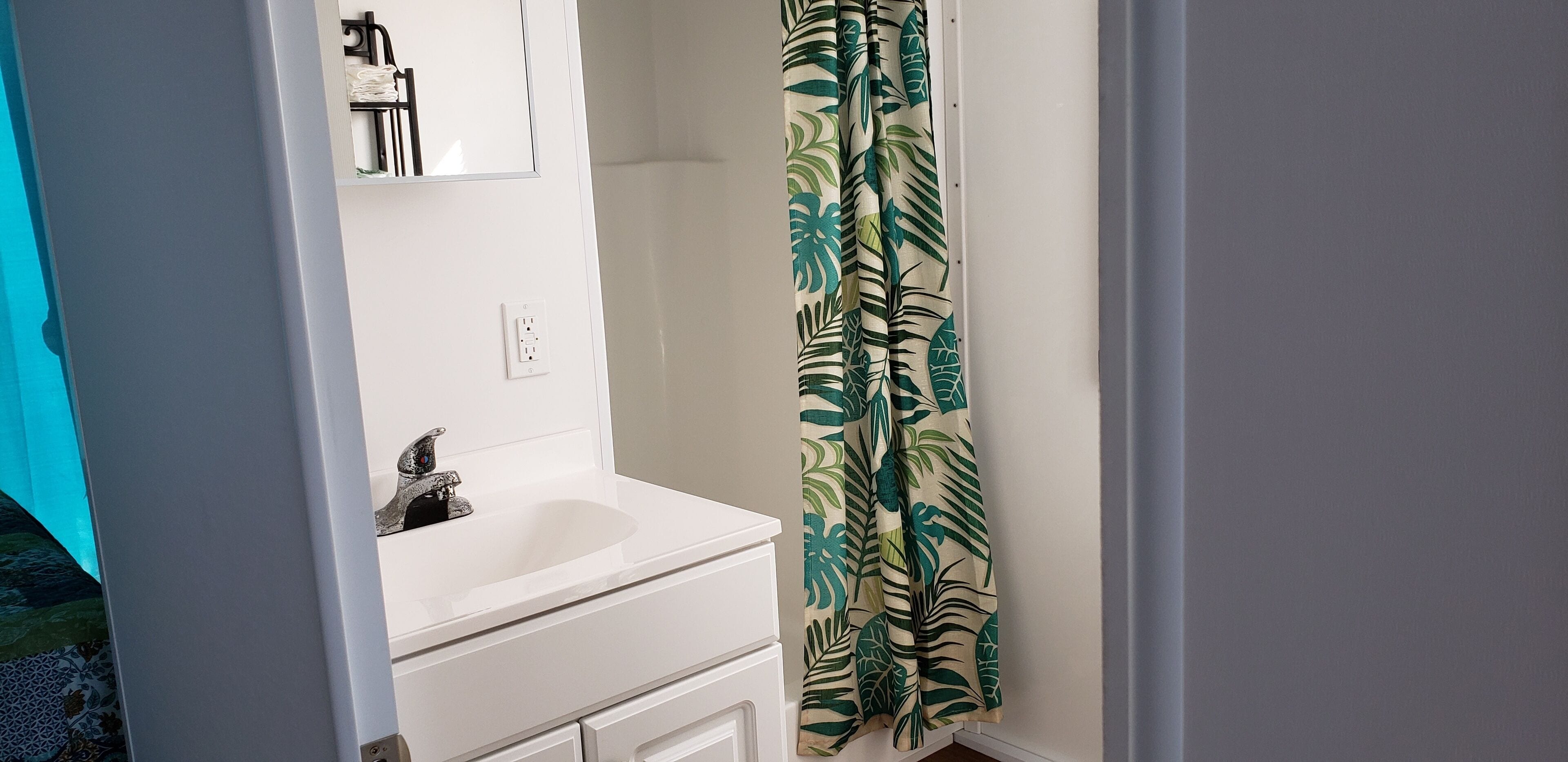 A bathroom with a white sink, a mirror, and a shower curtain with a leaf pattern.