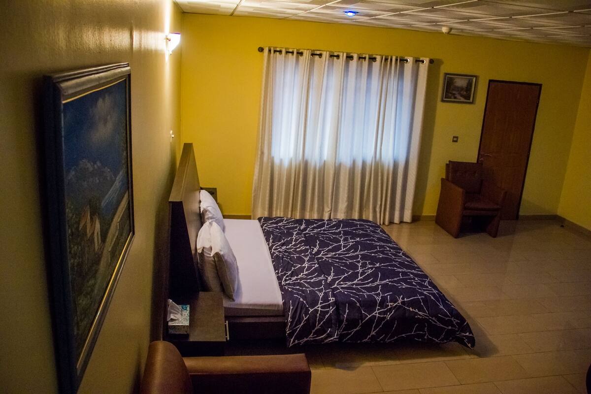 Une chambre d’hôtel avec un lit, un bureau, une chaise, un tableau au mur et une fenêtre avec des rideaux.