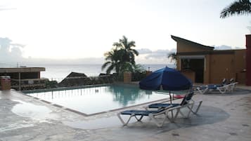 Outdoor pool, open 8 AM to 4 PM, pool umbrellas, pool loungers