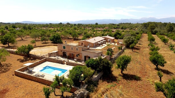 A villa with a swimming pool, surrounded by olive trees and dry grassland, with mountains in the background. - Agroturismo Can Porretí (Lloret de Vistalegre)