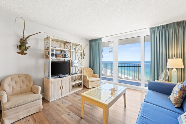 Condo, 2 Bedrooms, Ocean View, Beachfront | Living area - Dunes of Panama Beach Resort by Panhandle Getaways (Panama City Beach)