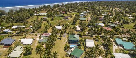 An aerial view of a coastal residential area with houses, palm trees, and a beach.