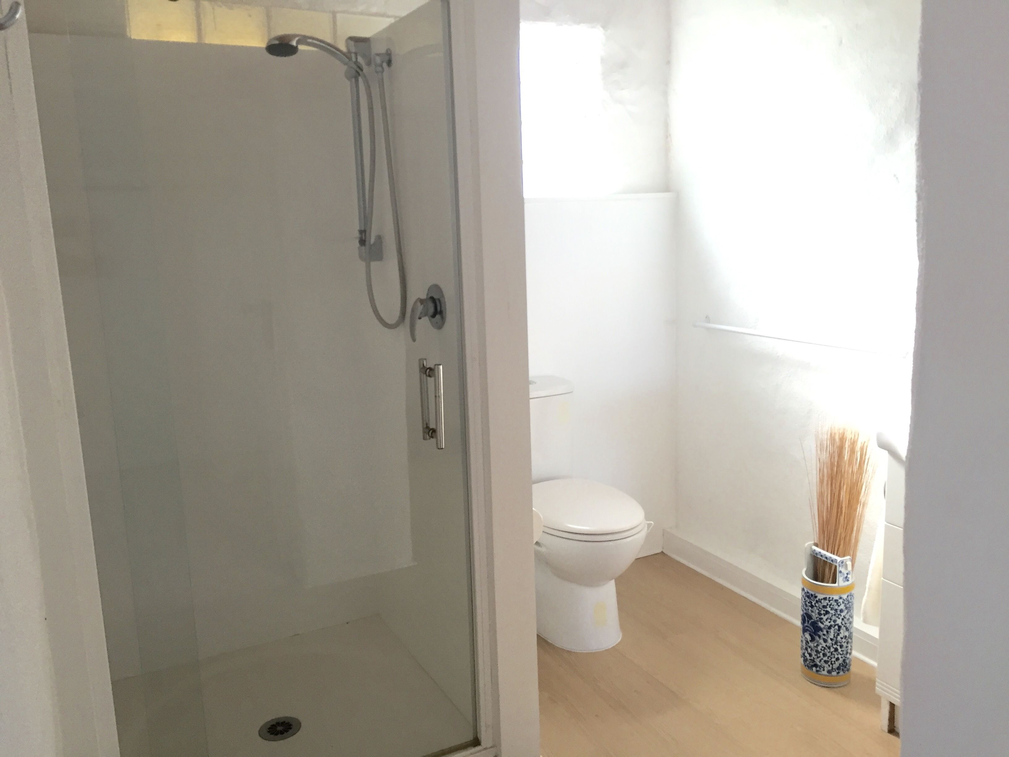 Shower, free toiletries, hair dryer, towels