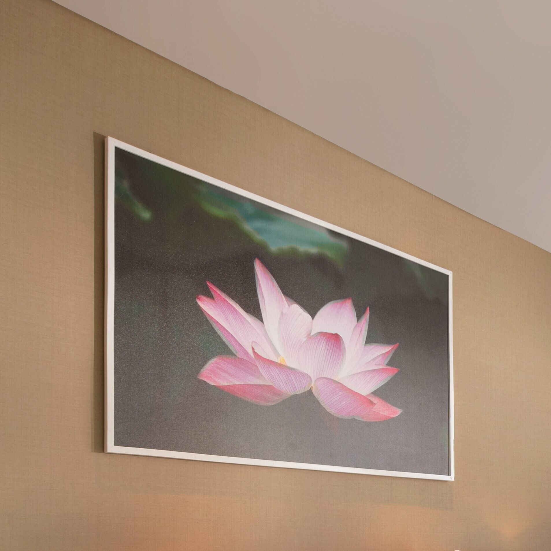Ein gerahmtes Bild einer rosa Lotusblume an einer beige gefärbten Wand.