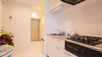 Full-size fridge, microwave, electric kettle, ice maker