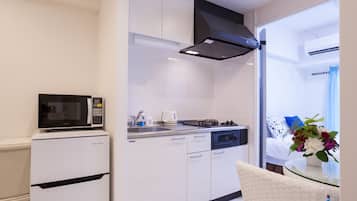 Full-size fridge, microwave, electric kettle, ice maker