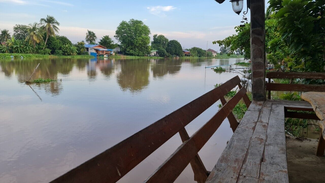 A wooden bench overlooking a calm river with houses and greenery in the background.