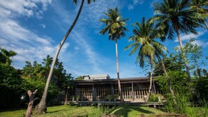 A house with a covered porch, surrounded by palm trees and lush greenery.