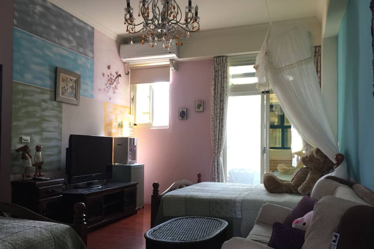 Desk, blackout drapes, soundproofing, rollaway beds