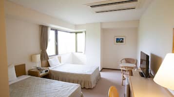 Desk, laptop workspace, blackout curtains, iron/ironing board