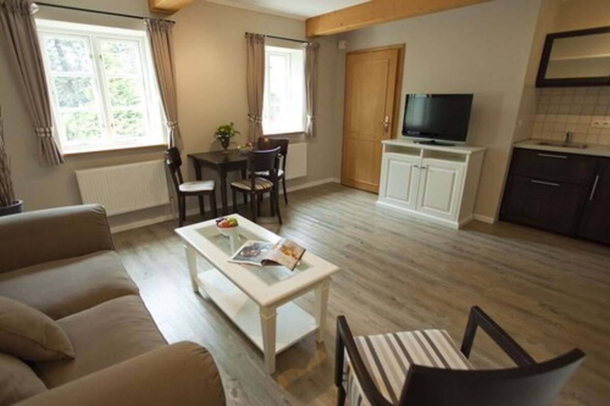 suite, 1 king bed with sofa bed | living area | flat-screen tv